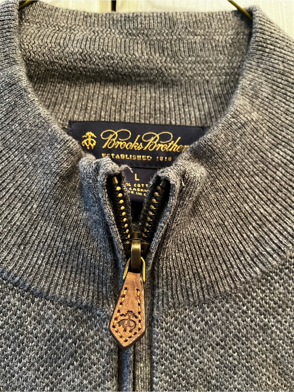 Brooks Brothers Men’s Grey Zip-Up Wool Blend Sweater with Leather Pull